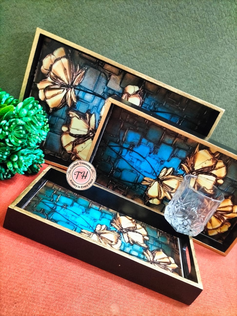 wooden with shiny epoxy print  , set of 3 trays for home/ office/ gift item